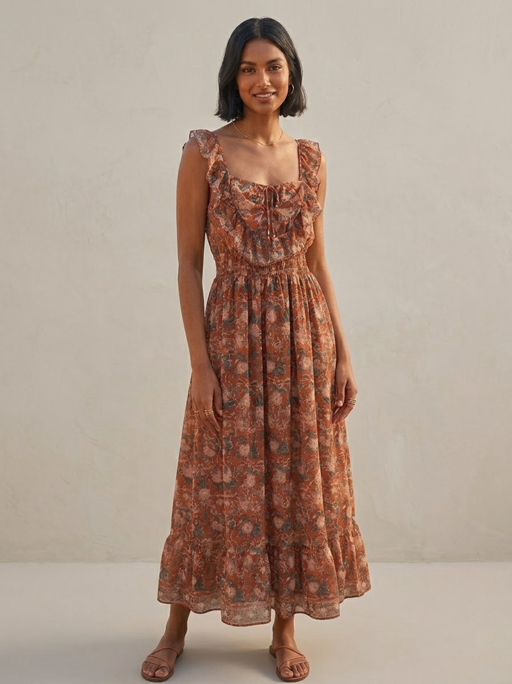 Max Studio Rust Floral Ruffle Maxi Dress